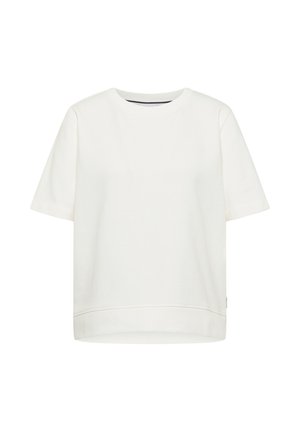 Bílá mikina s krátkým rukávem, kulatým výstřihem, žebrovaným lemem a malou boční cedulkou, zobrazena na jednobarevném bílém pozadí.