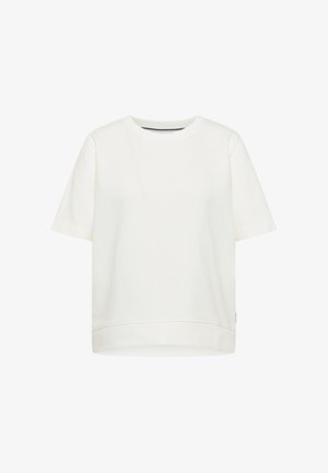 Sweat-shirt blanc à manches courtes avec col rond, ourlet côtelé et petite étiquette latérale, présenté sur un fond blanc uni.