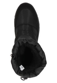 Zwarte waterdichte laars met een gladde buitenkant, zachte voering en een geplooide bovenkant met een toggelsluiting voor een verstelbare pasvorm.