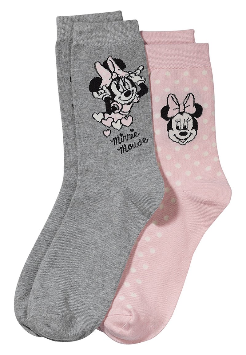 Dos pares de calcetines tobilleros: uno gris con una ilustración de Minnie Mouse y corazones, el otro rosa con lunares blancos y la cara de Minnie.