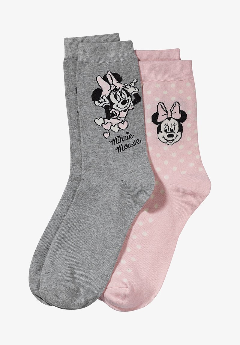 Dos pares de calcetines tobilleros: uno gris con una ilustración de Minnie Mouse y corazones, el otro rosa con lunares blancos y la cara de Minnie.