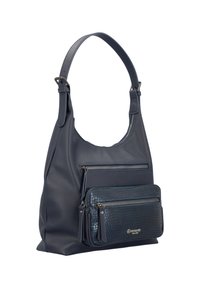 Sac banane en cuir marine avec une finition texturée, comportant deux poches avant zippées et une bandoulière large et lisse. Logo accentué à l'avant.