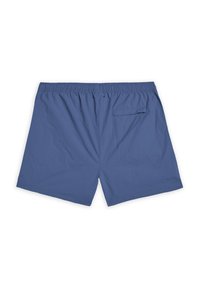 Shorts de bain bleus pour hommes avec une taille élastique et une poche arrière unique. Fabriqués en matériau léger et à séchage rapide. Texture lisse.