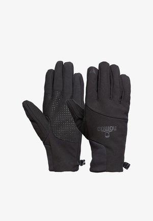 Black gloves with textured grip, soft fabric, and adjustable wrist closures. Features logo and perforated panels for breathability.