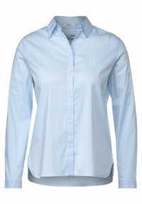 Light blue striped button-up shirt with long sleeves, a classic collar, smooth fabric, and side slits at the hem for ease of movement.