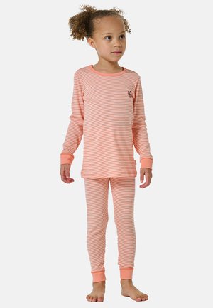 Gestreiftes Pyjama-Set mit langen Ärmeln in Koralle und Weiß. Verfügt über einen runden Ausschnitt, gerippte Bündchen und ein kleines gesticktes Detail auf dem Shirt.