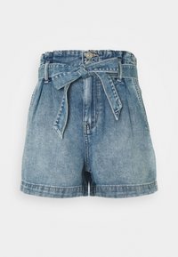 Světlé modré džínové šortky s páskem na zavázání, s vysokým pasem, sklady a ohrnutými lemy. Vyrobené z pevné džínové látky.