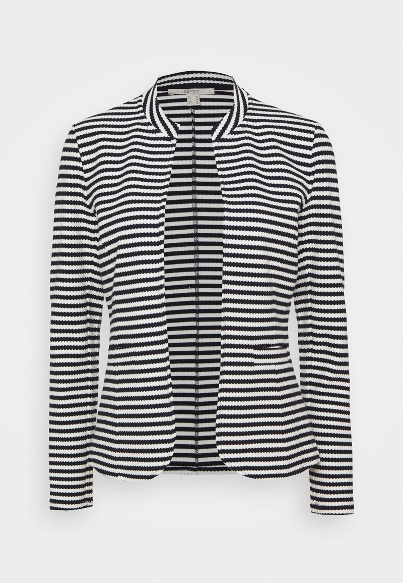 Blazer à rayures horizontales noires et blanches, manches longues, ouvert sur le devant, sans col et taille cintrée.
