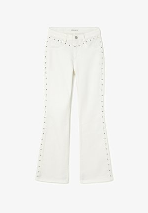 White flared jeans with metal stud detailing along pockets and outer seams, front button closure, and belt loops.