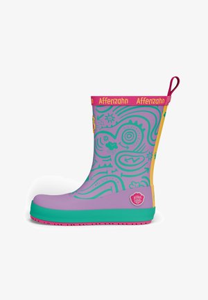 Botte de pluie pour enfant de couleur violette avec des motifs abstraits bleu sarcelle, semelle bleu sarcelle, bordure rose avec la marque "Affenzahn" et bande jaune au talon.
