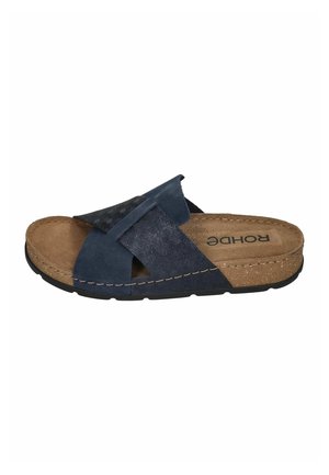 Navy slide sandal featuring crossband design, cork footbed, textured fabric, and rubber sole with stitching detail.