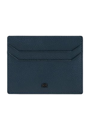 Laivastonsininen nahkainen korttikotelo, jossa on kaksi vaakasuoraa korttitaskua ja pieni musta "RR"-logo alareunan keskellä.