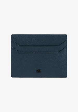 Navy blue leather cardholder with two horizontal card slots and a small black "RR" logo at the bottom center.