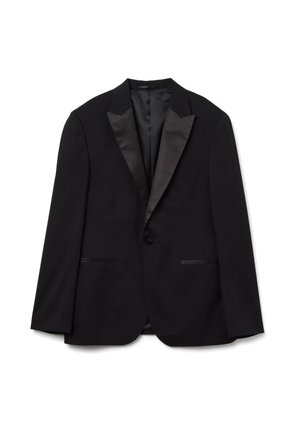 Giacca tuxedo nera con rever in raso, chiusura a singolo bottone, due tasche frontali e una fodera interna liscia. Design formale classico.