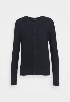 Námořnicky modrý cardigan z měkkého pleteného materiálu s kulatým výstřihem, zapínáním na knoflíky vpředu a žebrovanými manžetami s dekorativními knoflíky.