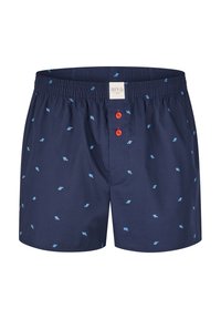 Námořnické boxerky s jemnou strukturou, s světle modrými diamantovými vzory, elastickým pasem a dvěma červenými knoflíky vepředu.