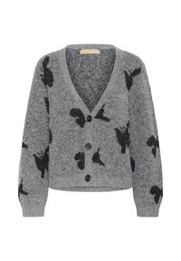 Pelēks adīts kardigans ar V-veida kakla izgriezumu, garām piedurknēm, melnu putnu rakstu un pieciem melniem pogām priekšpusē. Mīksta tekstūra.