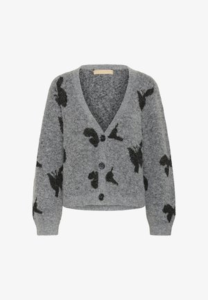 Siva pletena jakna z V-izrezom, dolgimi rokavi, črnimi vzorci ptic in petimi črnimi gumbi spredaj. Mehka tekstura.