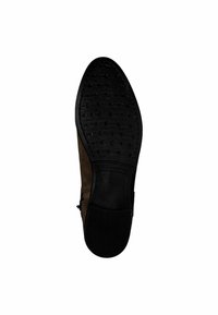 Brown suede ankle boot with a black rubber sole, textured tread pattern, and a side zipper for closure. Size marked as 37.