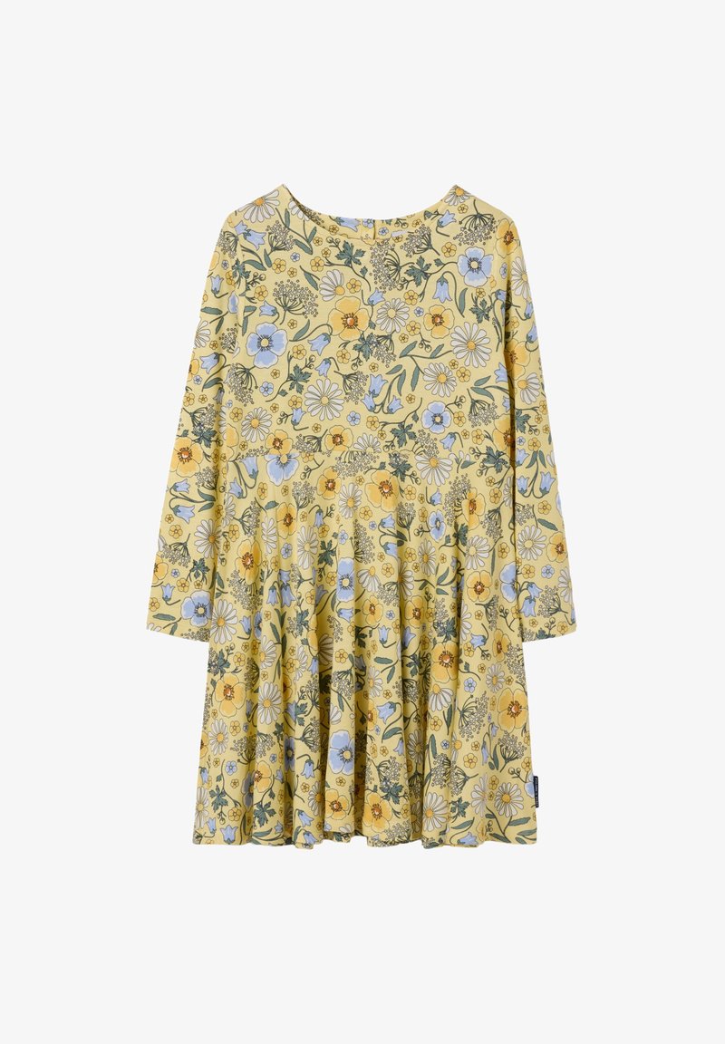 Gelbes, langärmliges Kleid mit floralem Muster, das blaue und orangefarbene Blumen zeigt. A-Linien-Silhouette mit rundem Ausschnitt und ausgestelltem Rock.