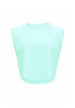 Bezrukávový svetlo tyrkysový crop top s okrúhlym výstrihom a nenápadným logom v hornej ľavej časti.