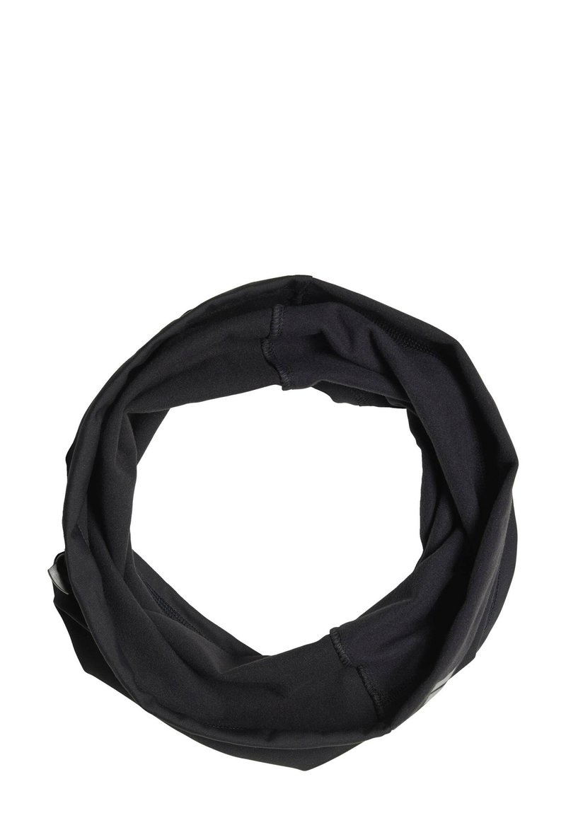 Sciarpa tubolare nera realizzata in tessuto morbido ed elastico. Texture liscia con design senza cuciture, adatta a diverse opzioni di stile.