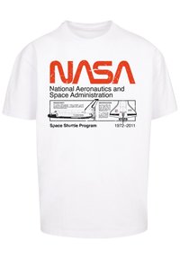 White cotton t-shirt featuring a NASA graphic with red text and a space shuttle illustration, detailing the Space Shuttle Program from 1972-2011.