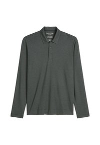 Koszulka polo z długim rękawem w ciemnoszarym kolorze, wykonana z miękkiego materiału. Posiada klasyczny kołnierzyk, zapięcie na cztery guziki oraz luźny krój.