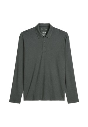 Long-sleeve polo shirt in dark gray, made of soft fabric. Features a classic collar, four-button placket, and a relaxed fit.