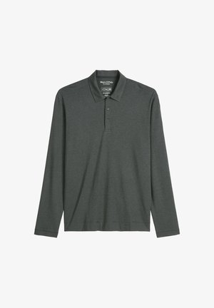 Long-sleeve polo shirt in dark gray, made of soft fabric. Features a classic collar, four-button placket, and a relaxed fit.