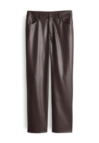 Dark brown straight-leg faux leather pants with button closure and front pockets, displayed on a white background.