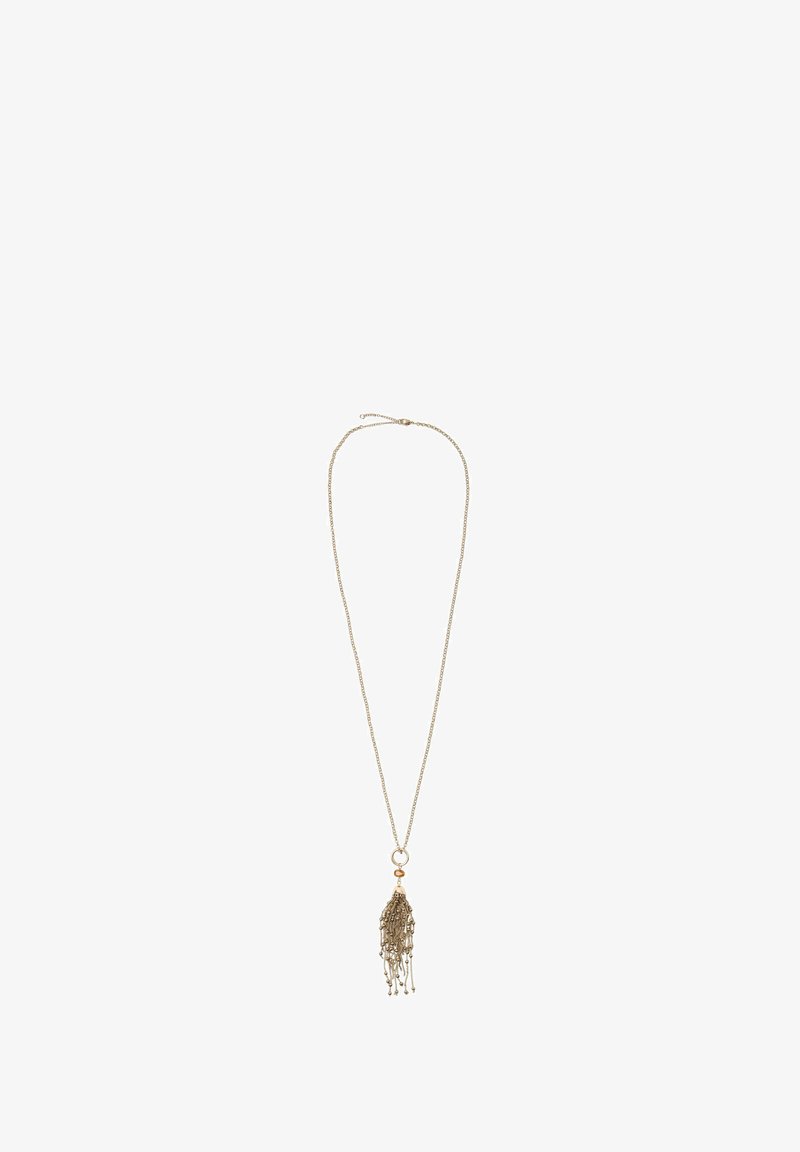 Collier doré avec une longue chaîne, présentant un pendentif à frange décoratif avec plusieurs brins et un attachement circulaire.