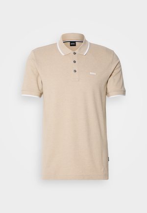 Beige polo shirt with short sleeves, white collar and sleeve cuffs, featuring three buttons and a small logo on the chest.