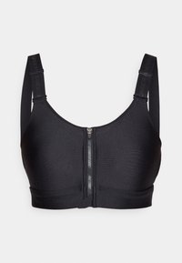 Svart sports-BH med justerbare stropper og glidelås foran. Laget av glatt stoff, med en bred kant for støtte og et minimalistisk design.