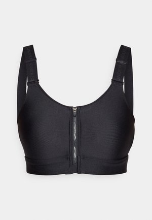 Černá sportovní podprsenka s nastavovacími ramínky a předním zipem. Vyrobena z hladké látky, má široký pás pro podporu a minimalistický design.