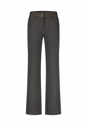 Grijze, flared broek gemaakt van zachte stof met een tailleband met twee knopen en geen zichtbare zakken. Eenvoudig ontwerp met een gladde textuur.