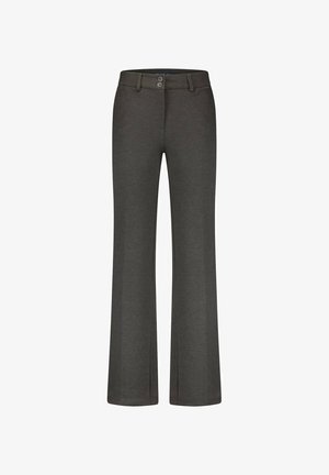 Grijze, flared broek gemaakt van zachte stof met een tailleband met twee knopen en geen zichtbare zakken. Eenvoudig ontwerp met een gladde textuur.