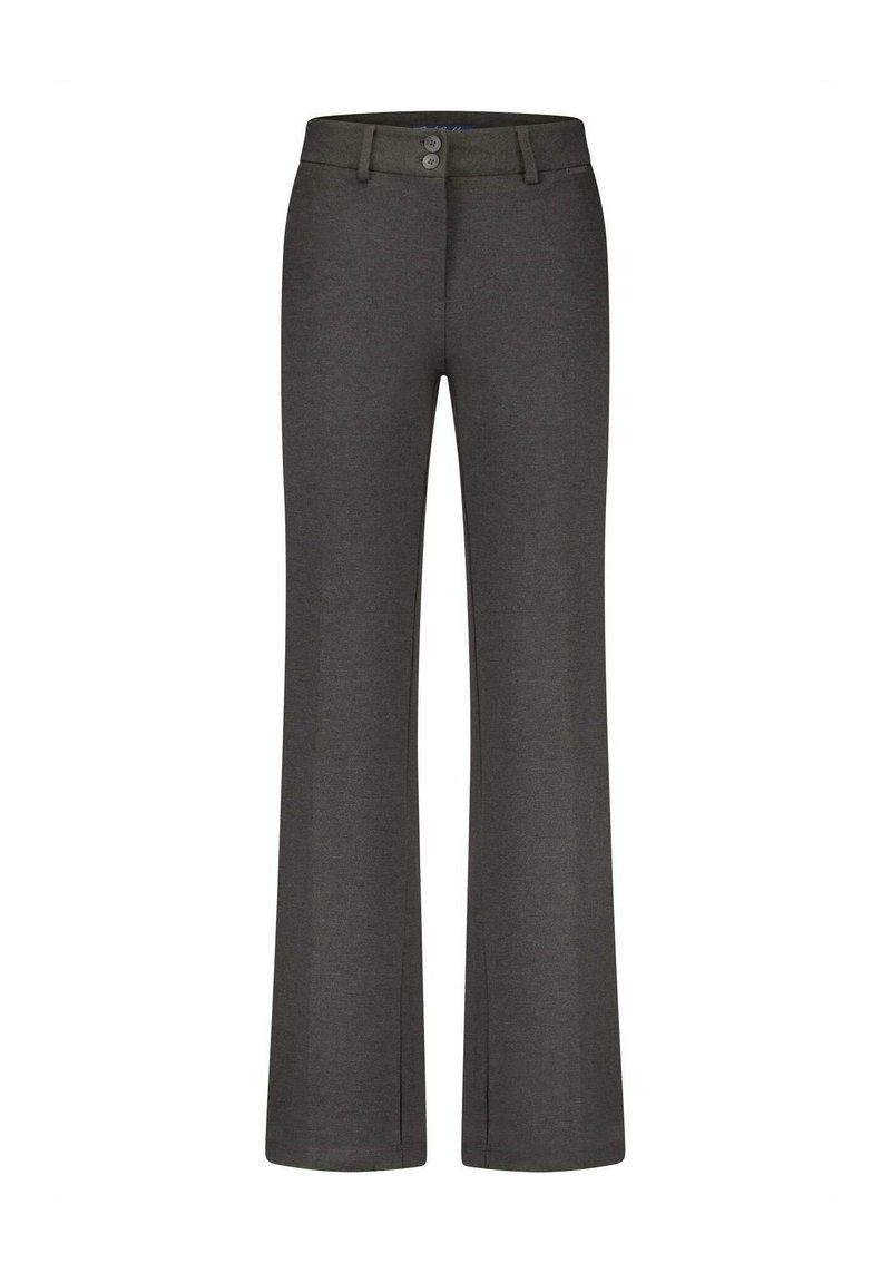 Grijze, flared broek gemaakt van zachte stof met een tailleband met twee knopen en geen zichtbare zakken. Eenvoudig ontwerp met een gladde textuur.