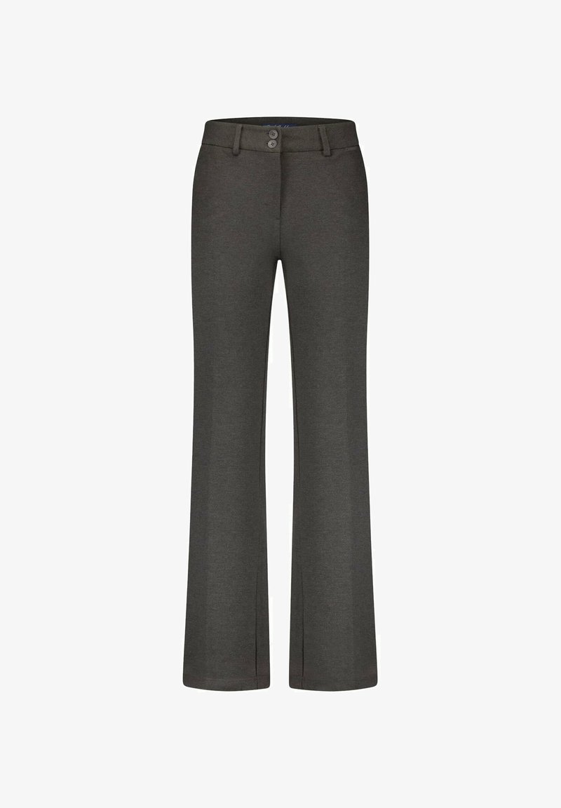 Grijze, flared broek gemaakt van zachte stof met een tailleband met twee knopen en geen zichtbare zakken. Eenvoudig ontwerp met een gladde textuur.