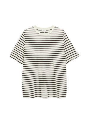 T-shirt à manches courtes avec des rayures horizontales noires et blanches et un col rond sur un fond uni.
