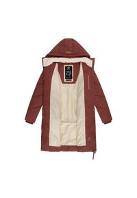Dlouhý vínově červený kabát s prošívaným vzorem a kapucí. Krémové podšívky a vnitřní kapsy. Zapínání na zip a druky. Logo ve spodní části.