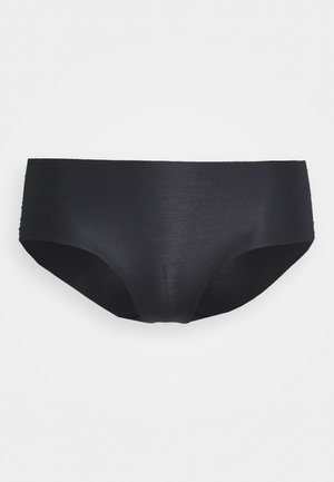Black cotton hipster underwear with smooth texture, elastic waistband, and a seamless design. Front and back are similarly styled.