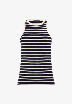 Top fără mâneci cu dungi în nuanțe de albastru închis și crem. Dispune de un guler rotund și o siluetă mulată. Textură moale și material elastic.