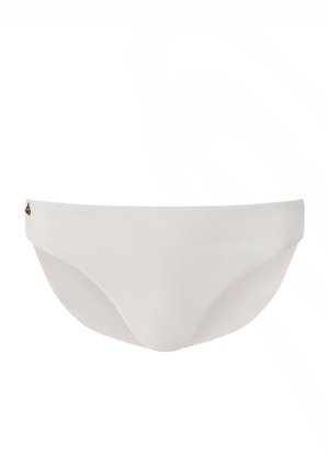 Witte bikini onderzijde met een gladde textuur en een minimalistisch ontwerp, voorzien van een kleine metalen accent aan de zijkant voor detail.