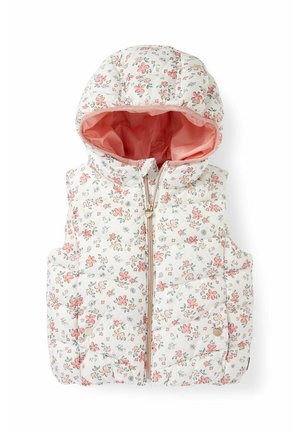 Vatteret vest med blomsterprint, lyserød inderside, hætte og lynlås foran. Har en quiltet struktur og små blomsterdesign i pink og grøn.