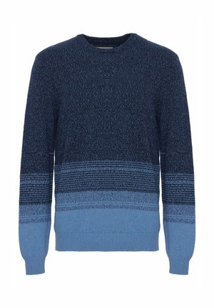 Marineblauw en lichtblauw sweater met een gestructureerd breipatroon, voorzien van een ronde halslijn en geribde manchetten en zoom.