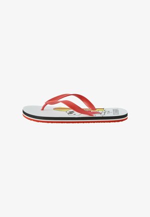 Fehér flip-flop piros pántokkal, rajzfilm kutyával, aki egy szörfdeszkát tart, a talprésszel nyomtatva és piros gumitalppal.