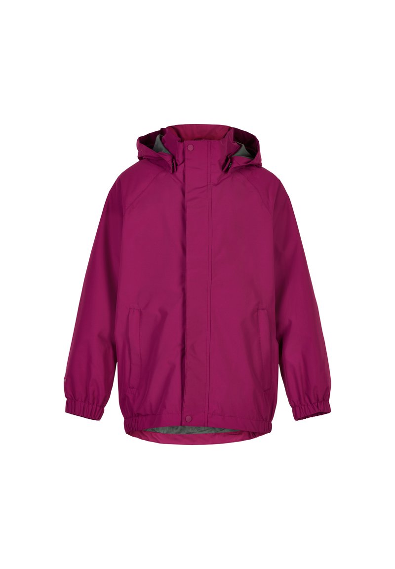 Fuchsia wasserdichte Jacke mit Kapuze, elastischen Bündchen und zwei Seitentaschen; verfügt über einen Reißverschluss und Druckknopfverschluss, leichtes Design.