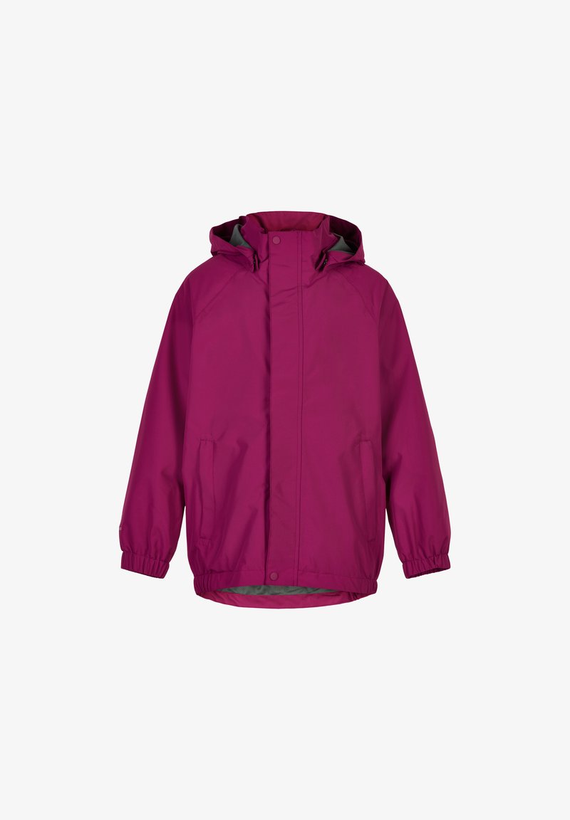 Veste imperméable fuchsia avec capuche, poignets élastiques et deux poches latérales ; avec fermeture éclair et boutons-pression, design léger.