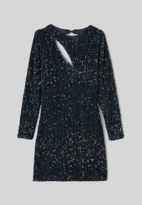 Robe bleu marine à manches longues, recouverte de sequins, avec un design de dos en découpe et une silhouette ajustée.